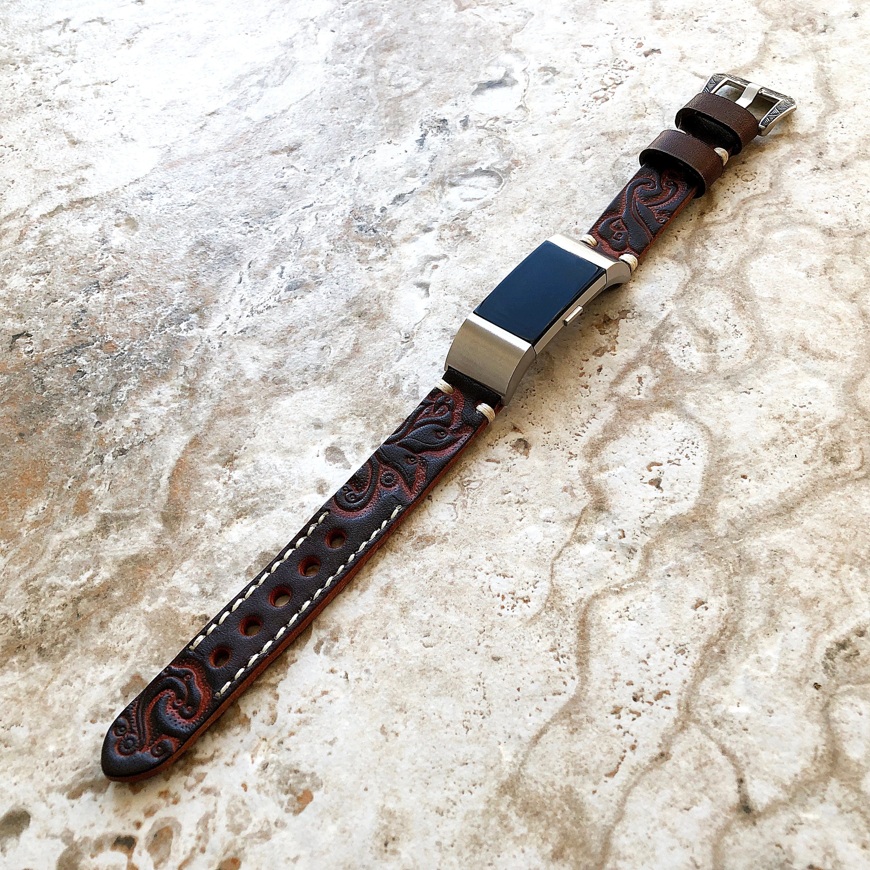 Fitbit Charge 2 Dark Brown Tooled Embossed Leather Band Strap Bracelet Compatible with Fitness Tracker Wristband w Adapters Quick Release